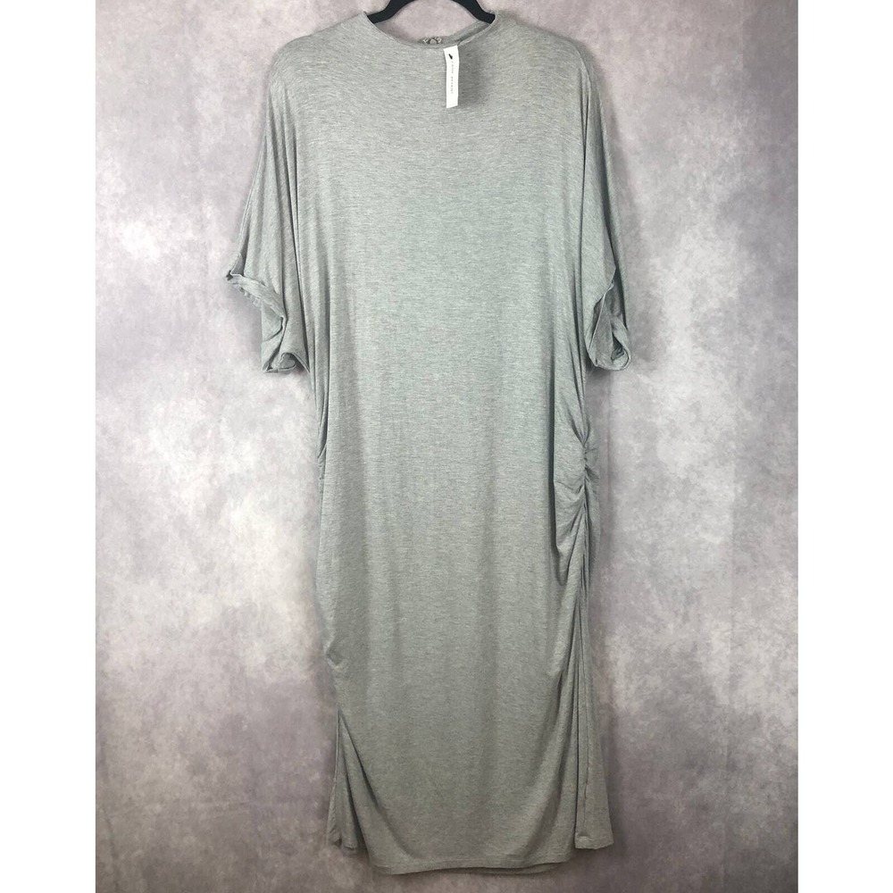 Lane Bryant Midi Dress 22 / 24 Gray Ruched High Neck Short Sleeve Stretch NEW! - Picture 1 of 13